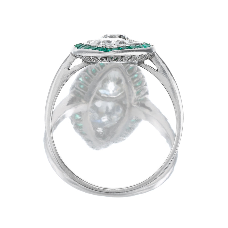 Art Deco Old European Diamond Marquise with Emerald Halo