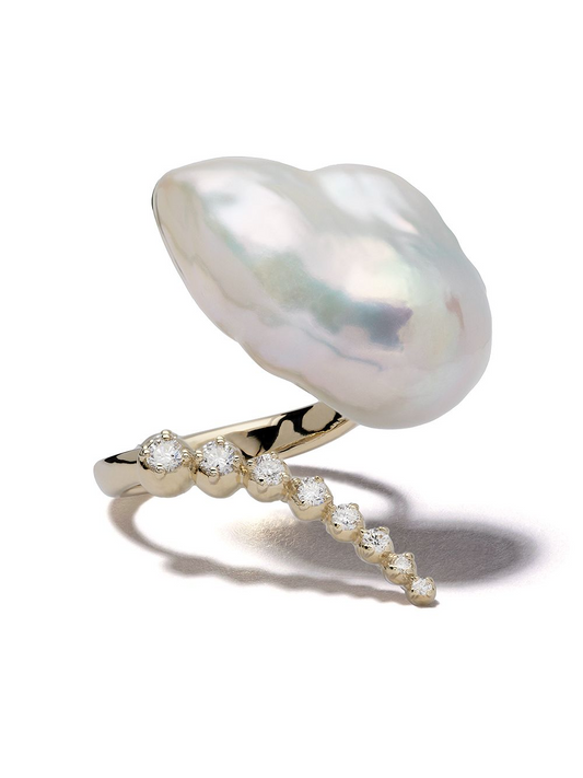 14K Gold and Lab Grown Diamond with Baroque Pearl Ring