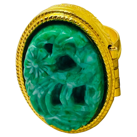 Avon Gold Tone Faux Carved Jade Designer Ring