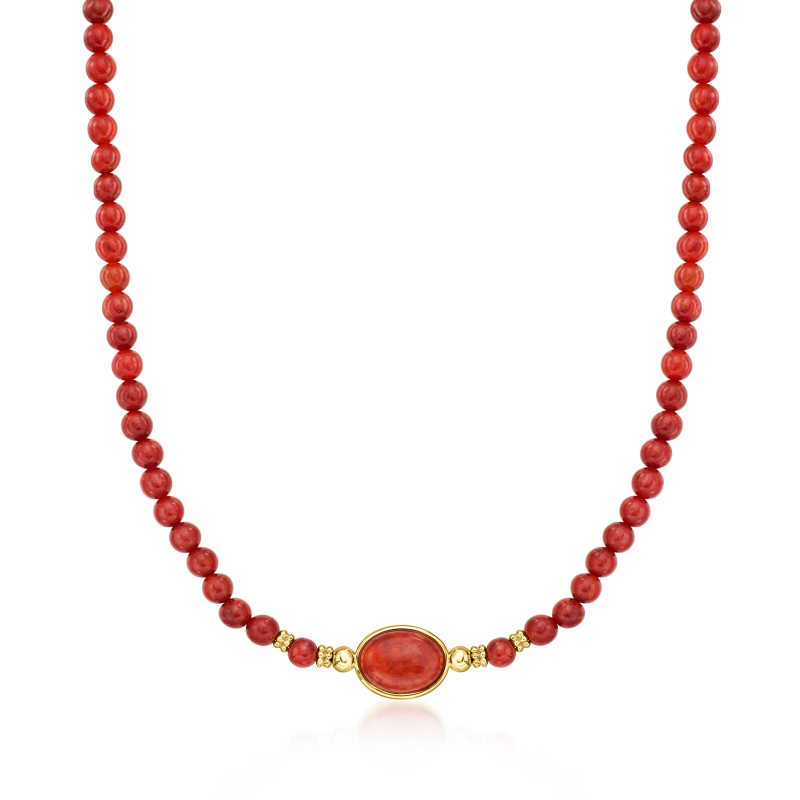 Red Jade and 18kt Gold Over Sterling Bead Necklace