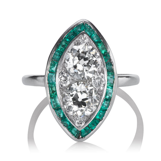 Art Deco Old European Diamond Marquise with Emerald Halo