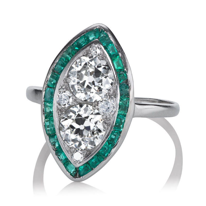 Art Deco Old European Diamond Marquise with Emerald Halo